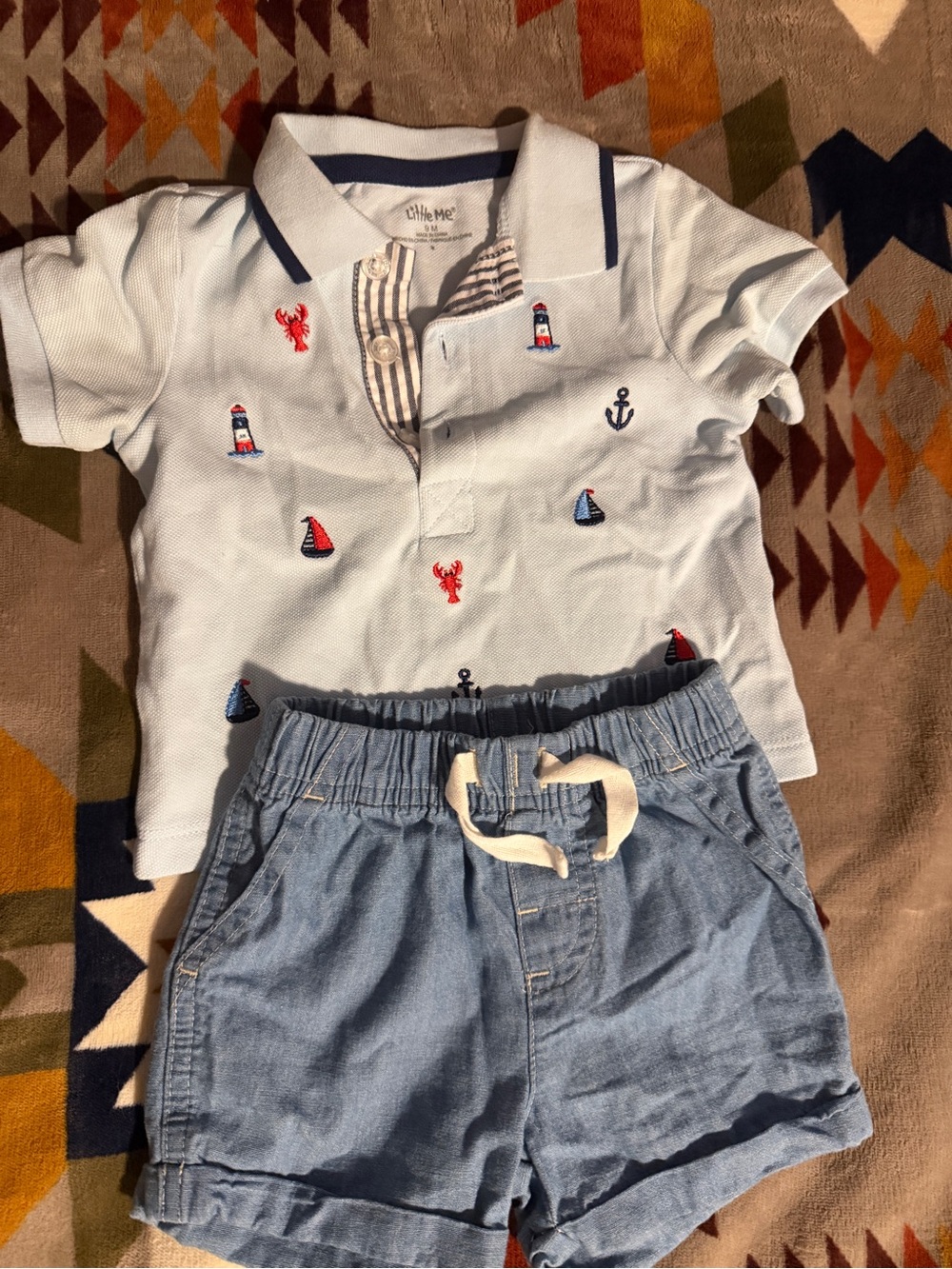 Carter's Light Blue Nautical Embroidered Polo & Chambray Shorts Set